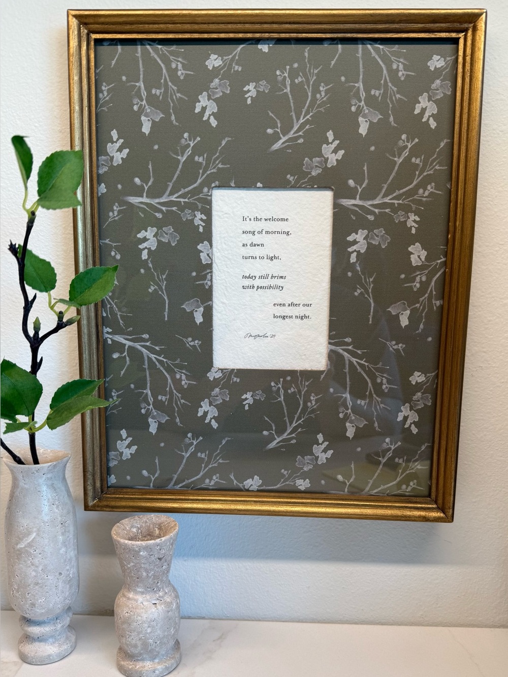 Magnolia Welcome Song Framed Poem Gold Floral Frame 14” x 11”